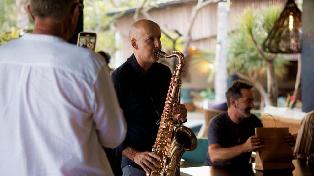 Professional saxophonist playing jazz and bossa nova in Bali