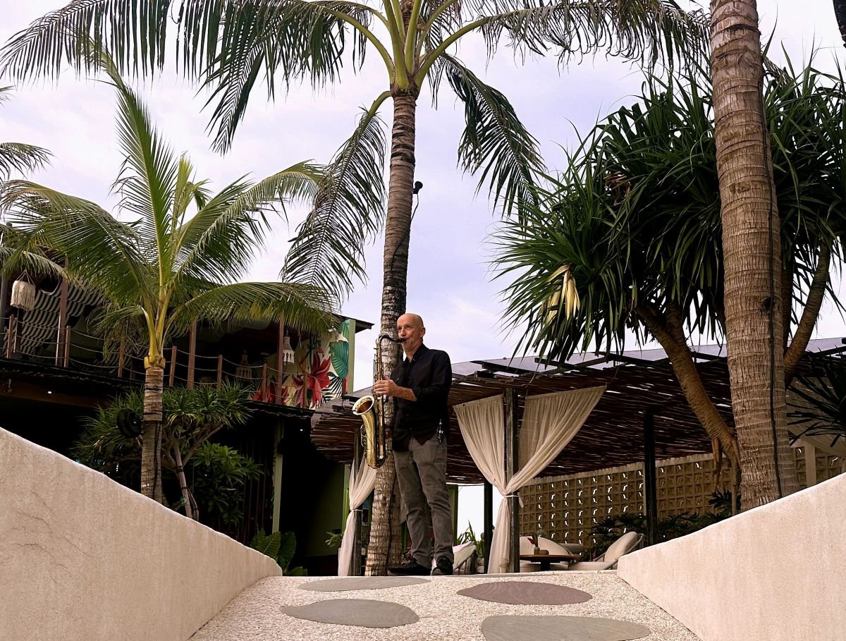Elegant beach lounge evening in Bali with live music